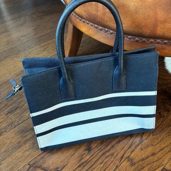Kate Spade Madison Stripe Saffiano Leather and Canvas Satchel Tote Black White - Picture 8 of 14